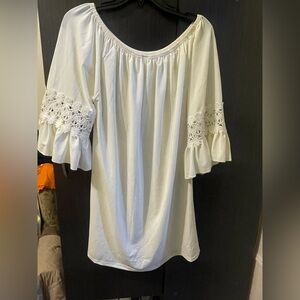 White Off-Shoulder Blouse with Lace Sleeves